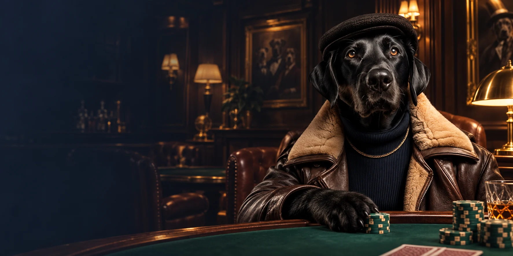 Schwarzer Labrador im Lederoutfit am grünen Tisch eines warm beleuchteten Clubs